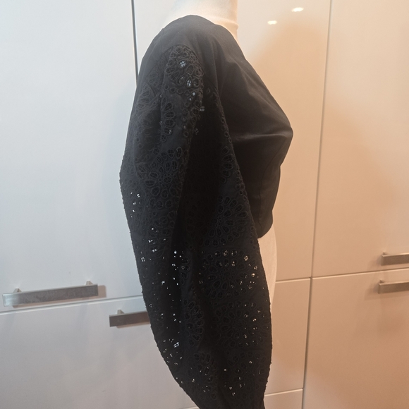 Eyelet Embroidered Balloon Sleeve Plunge V-Neck Cropped Top Black Small - Picture 4 of 8